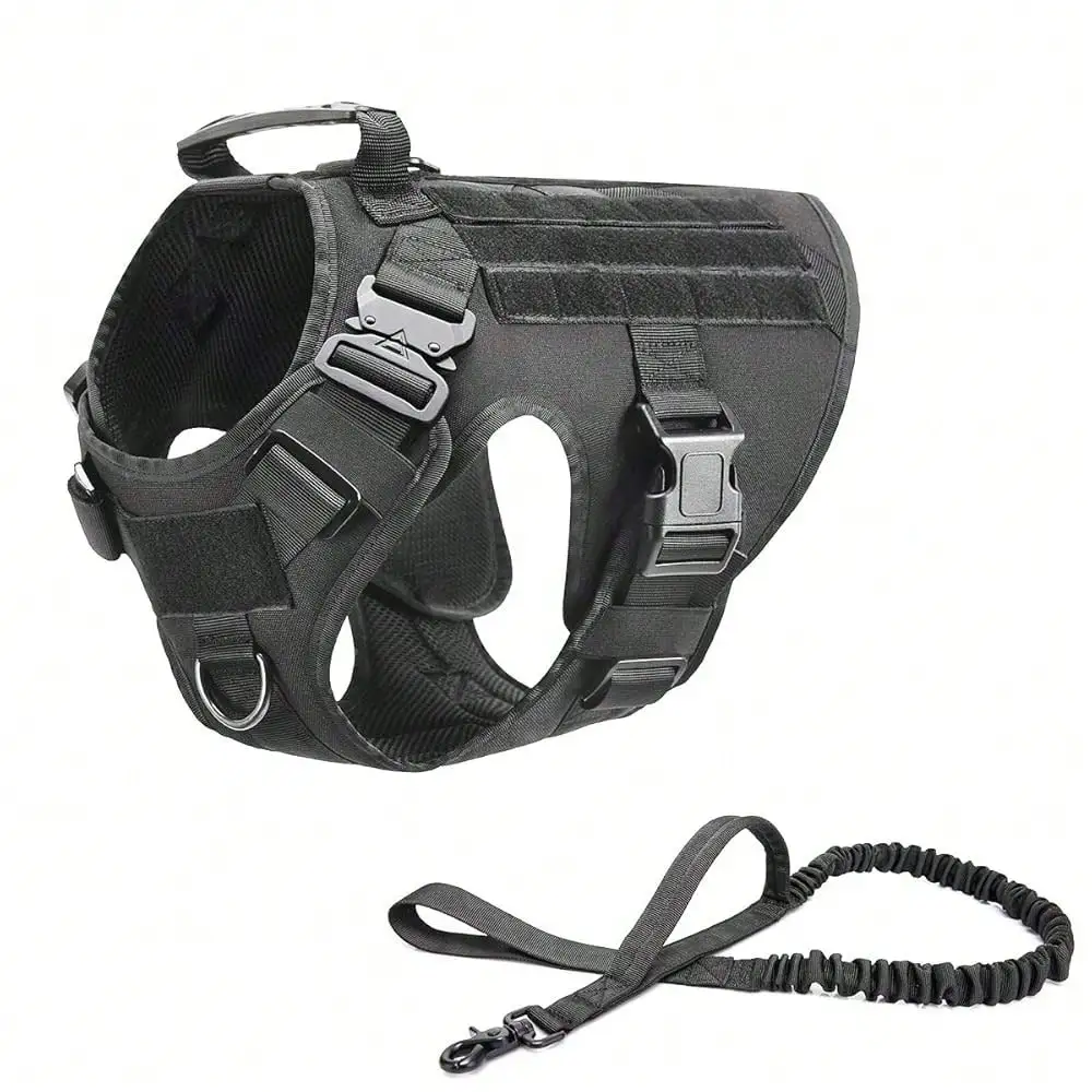 kf-S72e5ff3223d345859582b6089fb52252W Black Tactical Dog Harness & Bungee Leash - Image 1