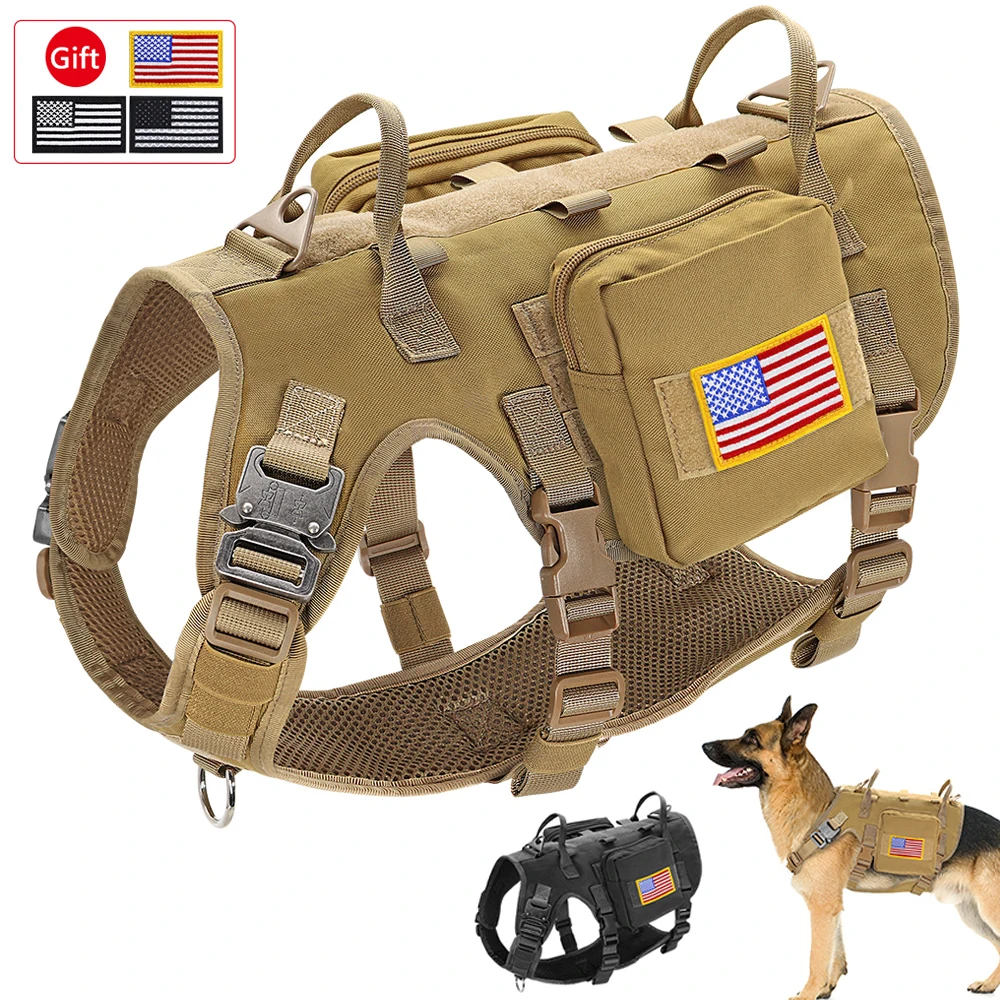 kf-Hf813ce84fe9d45398ad7ecaabfbce00b1 Padded Nylon Harness Vest with 2 Bags and 3 Flags for Working Dogs - Image 1