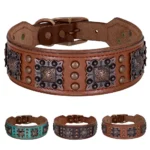 Brown Black or Green Genuine Leather Dog Collar with Metal Spikes