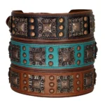 Brown Black or Green Genuine Leather Dog Collar with Metal Spikes - Image 2