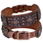 Brown Black or Green Genuine Leather Dog Collar with Metal Spikes - Image 3